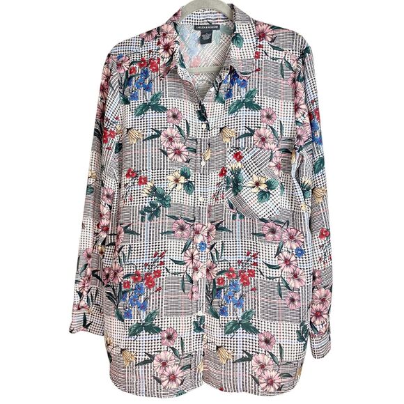 Chelsea & Theodore L Blouse Floral Houndstooth Button Front Layer Grandmacore - Picture 1 of 11